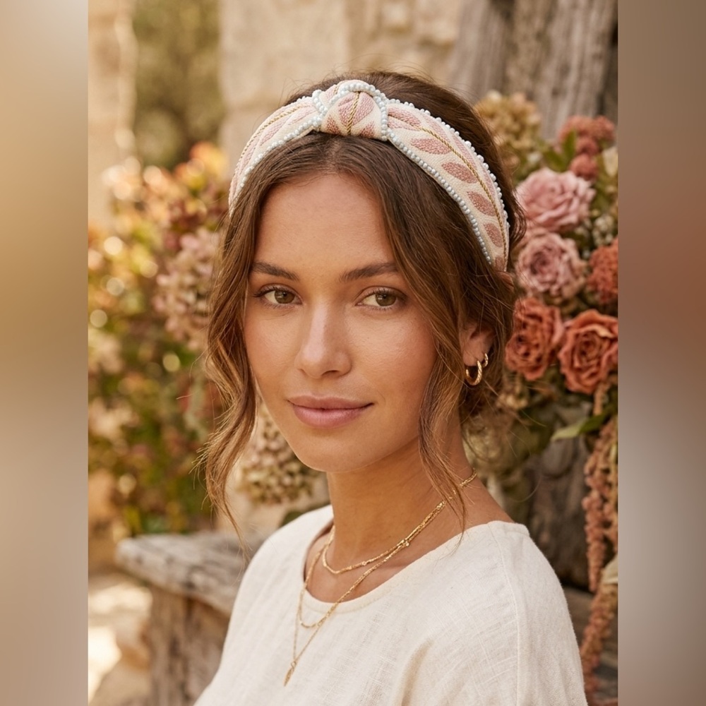 Embroidered Pink and Blue Knotted Leaf Headband